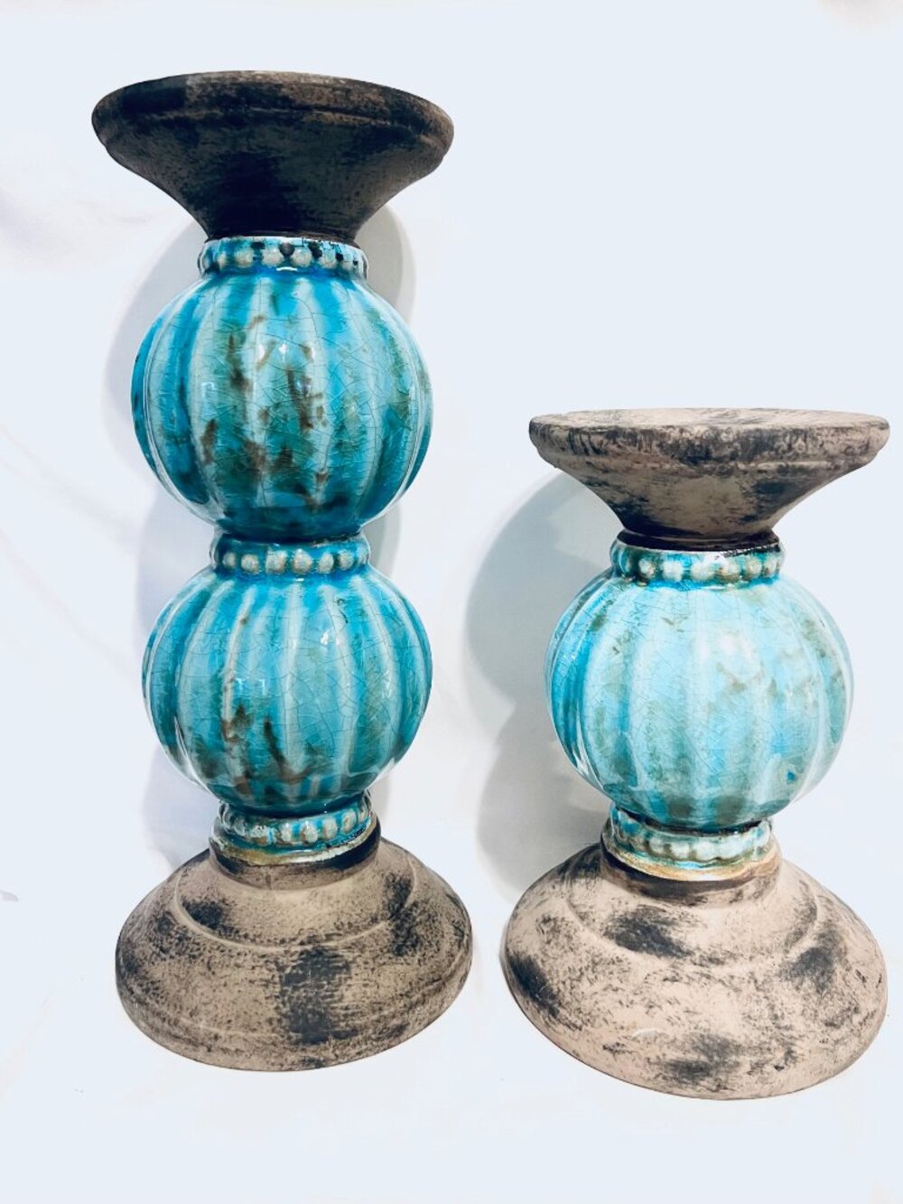 Lexa Candleholders By Crestview Collection Distressed Azure Blue Glazed Pair-Cer